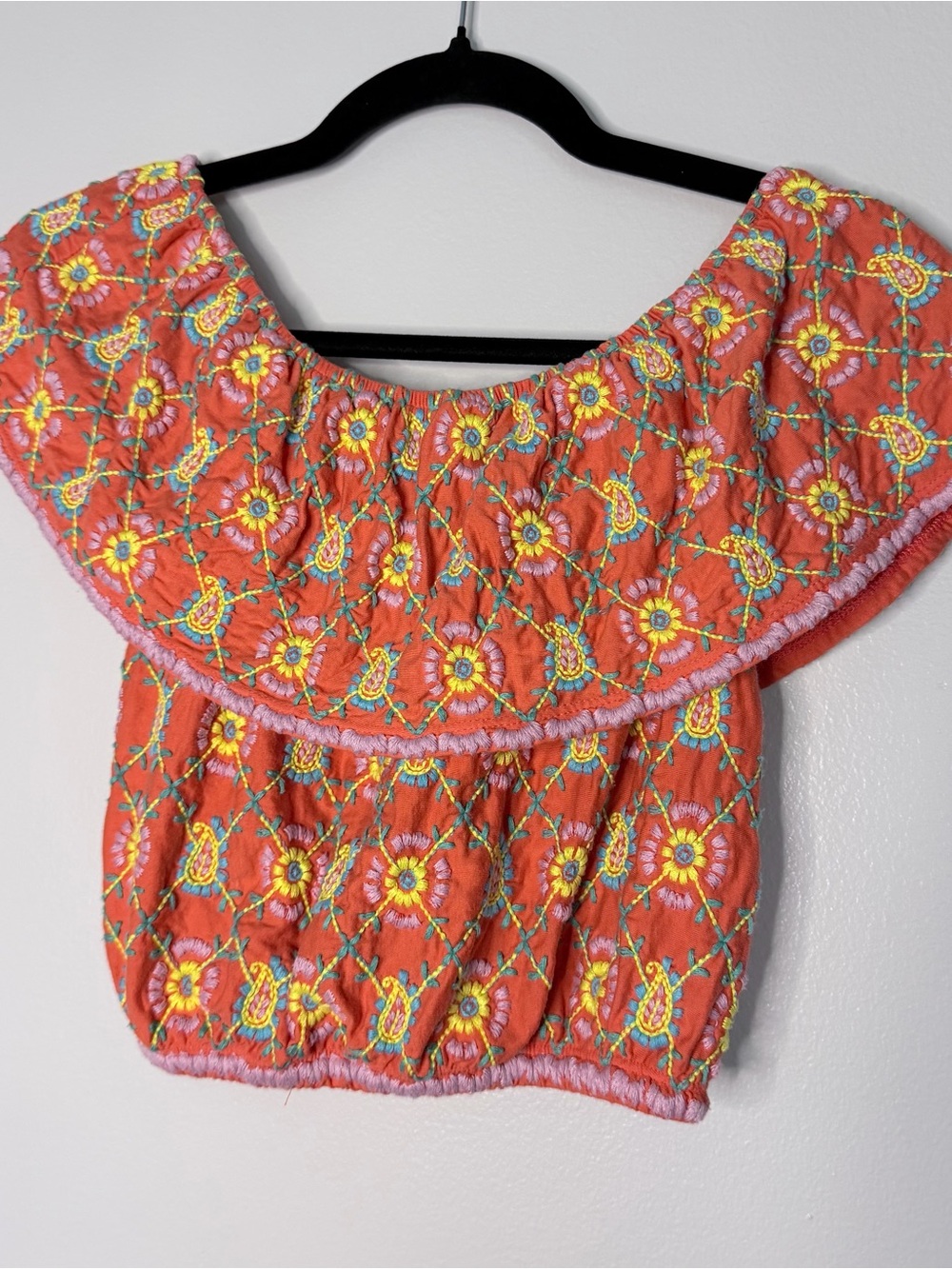 Topshop Coral Embroidered Off-Shoulder Crop Top